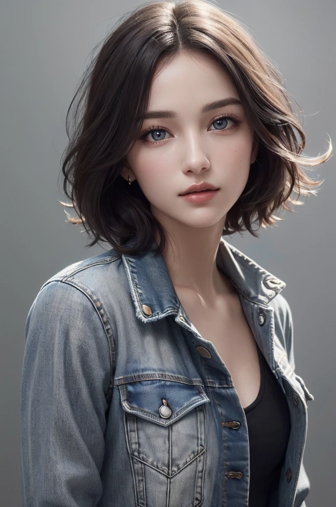 8k Ultra HD、RAWphotograph、Model photo shoot、 European Fashion、(masterpiece、Highest quality、Realistic、High resolution、photograph:1.3)、close、focus on、Hot Model、slim、30 year old mature woman、Small face、No makeup、short hair、Beautiful dark brown Hayne eyes、Genuine Skin、(Perfect body)、Sexy hot face、sexual sight、slim、shirt、Denim Jacket、Long sleeve、Beautiful eyes in every detail、Glossy lips、((Bright light、Dynamic Lighting、Genuine、Super Genuine、 Realism、Genuine details、Cool Beauty、Cool pose、Background gray、Plain gray background