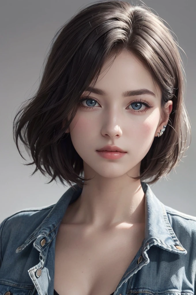 8k Ultra HD、RAWphotograph、Model photo shoot、 European Fashion、(masterpiece、Highest quality、Realistic、High resolution、photograph:1.3)、close、focus on、Hot Model、slim、30 year old mature woman、Small face、No makeup、short hair、Beautiful dark brown Hayne eyes、Genuine Skin、(Perfect body)、Sexy hot face、sexual sight、slim、shirt、Denim Jacket、Long sleeve、Beautiful eyes in every detail、Glossy lips、((Bright light、Dynamic Lighting、Genuine、Super Genuine、 Realism、Genuine details、Cool Beauty、Cool pose、Background gray、Plain gray background