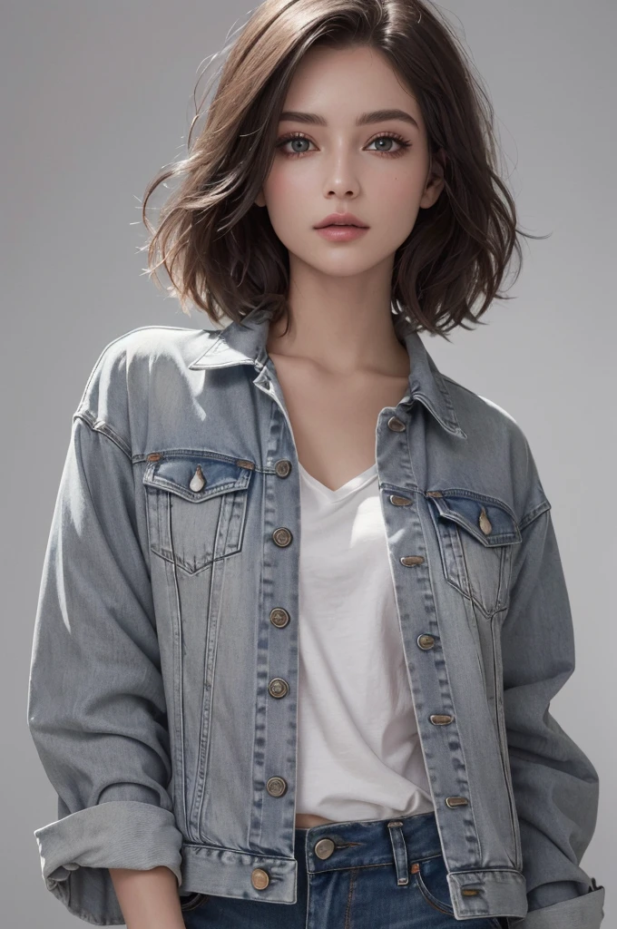 8k Ultra HD、RAWphotograph、Model photo shoot、 European Fashion、(masterpiece、Highest quality、Realistic、High resolution、photograph:1.3)、close、focus on、Hot Model、slim、30 year old mature woman、Small face、No makeup、short hair、Beautiful dark brown Hayne eyes、Genuine Skin、(Perfect body)、Sexy hot face、sexual sight、slim、shirt、Denim Jacket、Long sleeve、Beautiful eyes in every detail、Glossy lips、((Bright light、Dynamic Lighting、Genuine、Super Genuine、 Realism、Genuine details、Cool Beauty、Cool pose、Background gray、Plain gray background