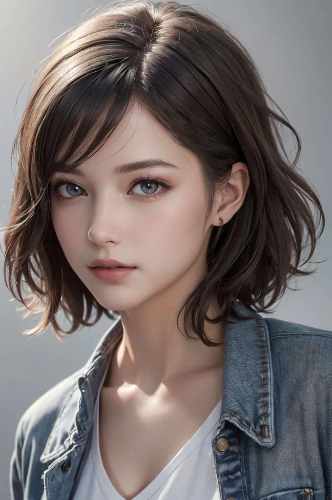 8K Ultra HD、RAWphotograph、モデルphotograph撮影、 European Fashion、(masterpiece、Highest quality、Realistic、High resolution、photograph:1.3)、close、focus on、Hot Model、slim、30 year old mature woman、Small face、No makeup、short hair、Beautiful dark brown Hayne eyes、Genuineスキン、(Perfect body)、Sexy hot face、sexual sight、slim、shirt、Denim Jacket、Long sleeve、Beautiful eyes in every detail、Glossy lips、((Bright light、Dynamic Lighting、Genuine、超Genuine、 realism、Genuineなディテール、Cool Beauty、Cool pose、Background gray、Plain gray background