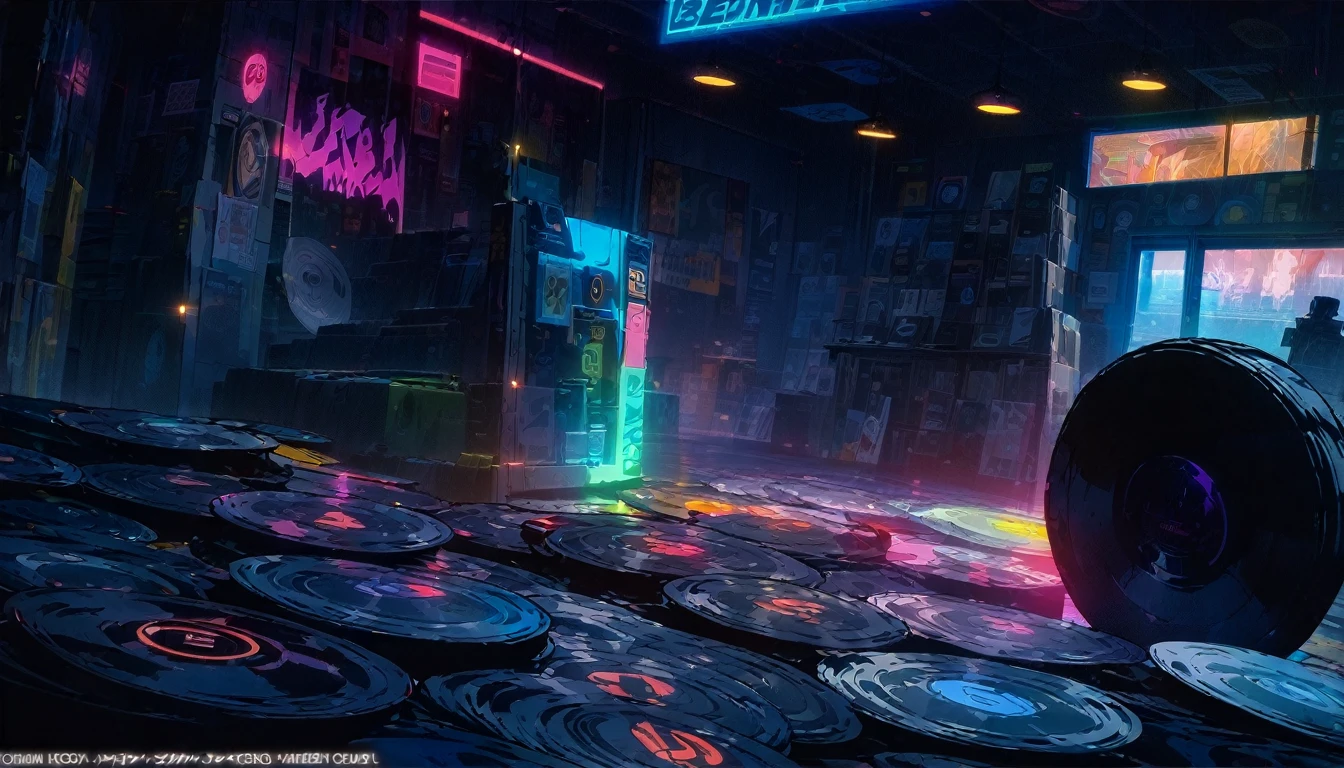 1 girl, solo, blue eyes, (detailed eyes), flat chest, short hair, black hair, upper body, gentle smile on her face, sitting up straight((masterpiece, illustration, best quality) A very detailed beautiful woman, Perfect face,Black Hair, bob cut,Bangs, Gray eyes, T Super detailed, Retro Wave, Cyberpunk, Sad atmosphere, night light through the window, night vibes, Room, 2d, (long shot), Old comics, (A lot of records:1.3), vinyl plastic record shop, (masterpiece, best quality, best quality, Official Art, beautiful and aesthetic: 1.2), Old anime texture, Solitary, Cyberpunk, vinyl plastic, night