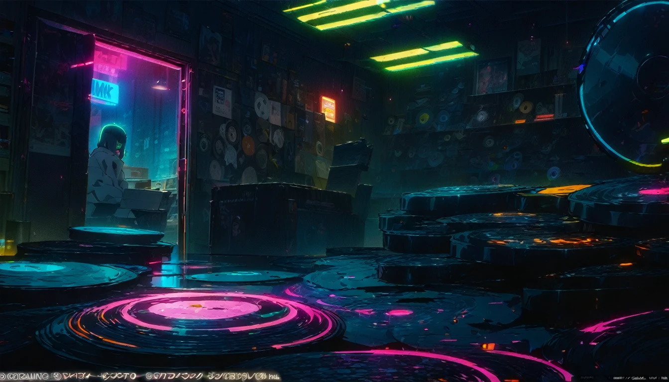 1 girl, solo, blue eyes, (detailed eyes), flat chest, short hair, black hair, upper body, gentle smile on her face, sitting up straight((masterpiece, illustration, best quality) A very detailed beautiful woman, Perfect face,Black Hair, bob cut,Bangs, Gray eyes, T Super detailed, Retro Wave, Cyberpunk, Sad atmosphere, night light through the window, night vibes, Room, 2d, (long shot), Old comics, (A lot of records:1.3), vinyl plastic record shop, (masterpiece, best quality, best quality, Official Art, beautiful and aesthetic: 1.2), Old anime texture, Solitary, Cyberpunk, vinyl plastic, night