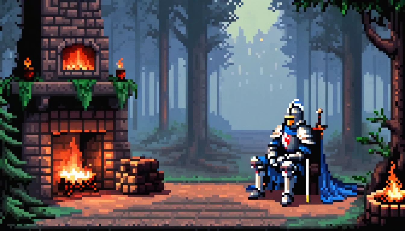 pixel art retro image of a worn out knight sitting around a fireplace in a dark and grim forest