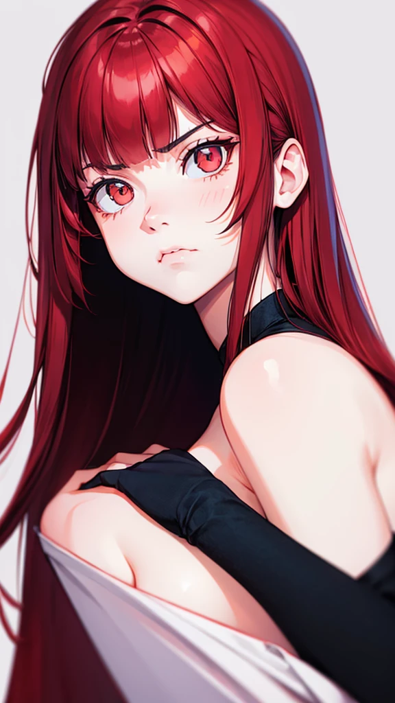 ((1_girl)), angry, front face, portrait, centered, solo, long hair, red hair, white skin, visible shoulders, clean line