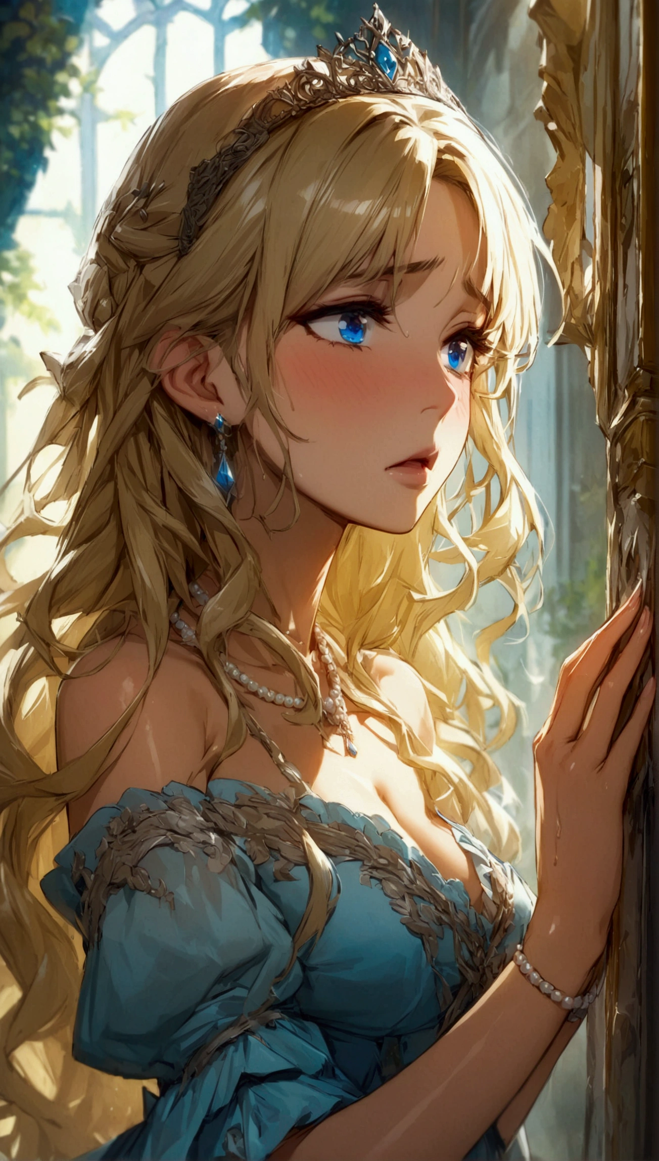 anime. 1 Girl. Cute girl. Princess. Disabled person. Blonde. Long hair. Wavy hair. Blue eyes. Beautiful eyes. Beautiful eyes. Expressive eyes. Ideal face. beautiful nose. 16 years. Medium breasts. Beautiful breasts. Urinary incontinence. Wants to pee. I need to pee. A strong, desperate urge to pee. Hands on crotch. He squeezes his crotch tightly. Rubs the crotch. She peed herself. Urine
flows down your thighs. Ideal anatomical body. Beautiful long legs. Diadem. Neat earrings. Pearl necklace. Luxurious white dress. Victorian style dress. White gloves. Heeled shoes. Wheelchair. Sits in a wheelchair. Full height.
The Royal Castle. Royal Garden. Beautiful character design. Shiny skin. Full body. NSFW. Official art. Extremely detailed CG Unity 8k wallpaper. Ideal lighting. Ultra high resolution 4K. Super detailed 8K resolution. A high resolution. Masterpiece. Best quality.