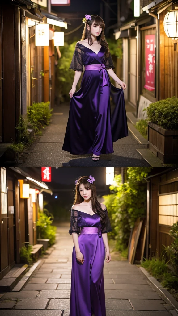 Full body, Anime girl in a purple and black dress with a purple sakura flower in her hair, artwork in the style of Gweitz, Gweitz, japanese Girl, Trending on cgstation, Cute anime  in a nice dress, Gweitz on pixiv artstation, palace ， Girl in Hanfu, Beautiful digital art, Gweitz on artstation pixiv, very very long brown hair rapunzel, dancing, walking, background japan city, excited
