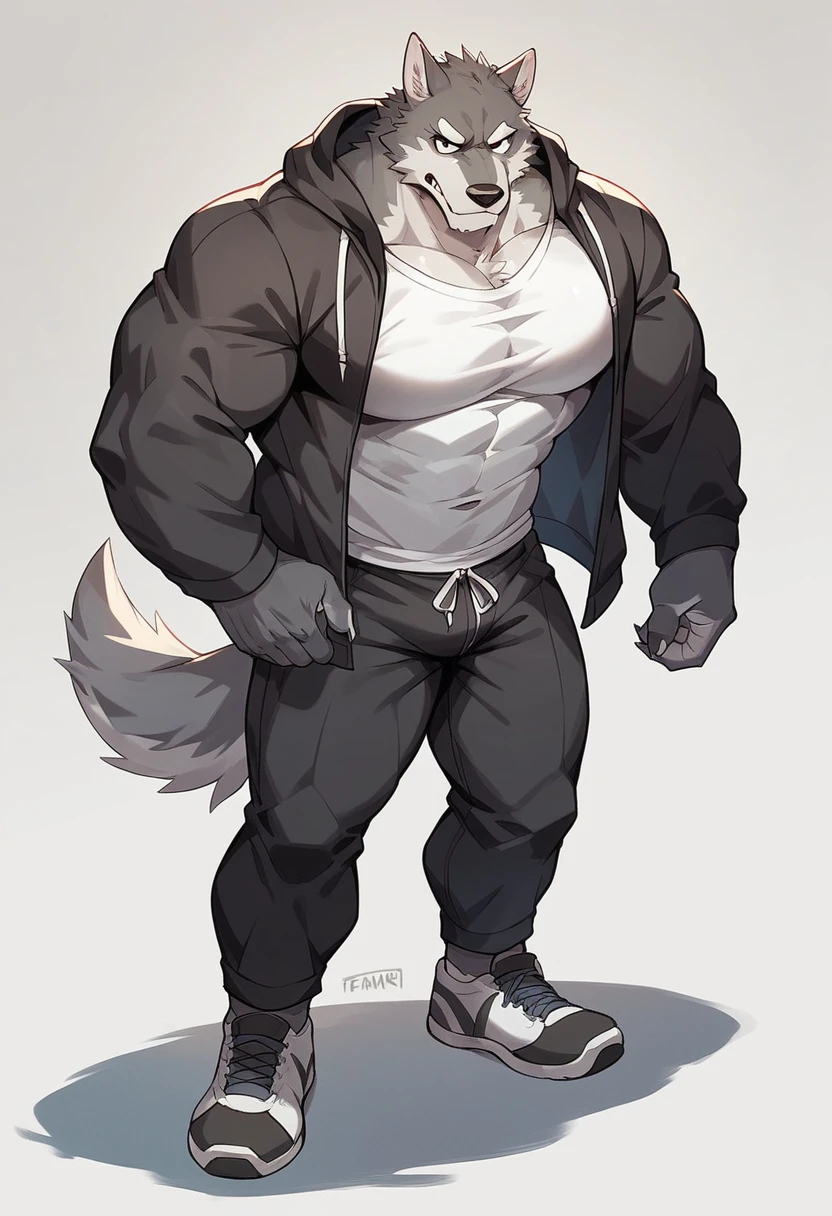 fenrir, wolf, 1boys, male, solo, gray fur, muscle, big tits, pecs, cool face, white t-shirt, black hooded jacket, black short pants, sport shoes, standing, front angle