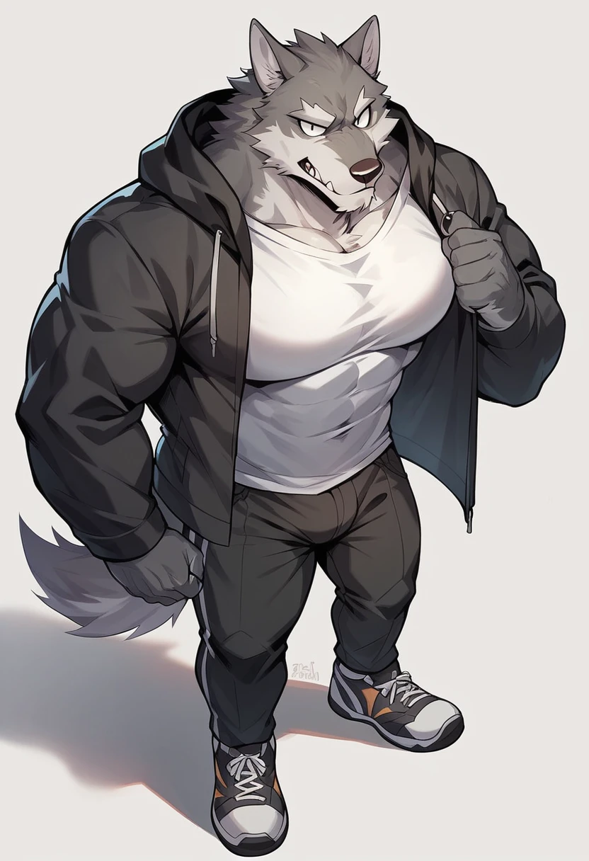 fenrir, wolf, 1boys, male, solo, gray fur, muscle, big tits, pecs, cool face, white t-shirt, black hooded jacket, black short pants, sport shoes, standing, front angle
