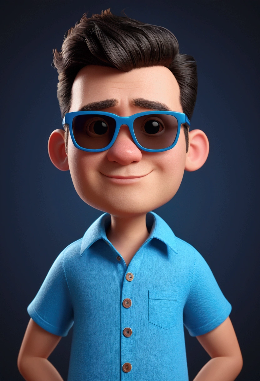 Cartoon character of a man in sunglasses and blue shirt, animation character, stylized character, animation style rendering, 3d stylized, Arnold Maya rendering, Stylized 3D rendering, toon render screenshot, 3d character, 3d character, Stylized 3D rendering, 3D character rendering, cartoon character, Personagem de close up, character posing,  (Pixar-style) (master part:1.2) (bokeh) (best qualityer) (skin detailed) (detailed texture) (8K) (Argilla) (cinematic lighting) (sharp focus