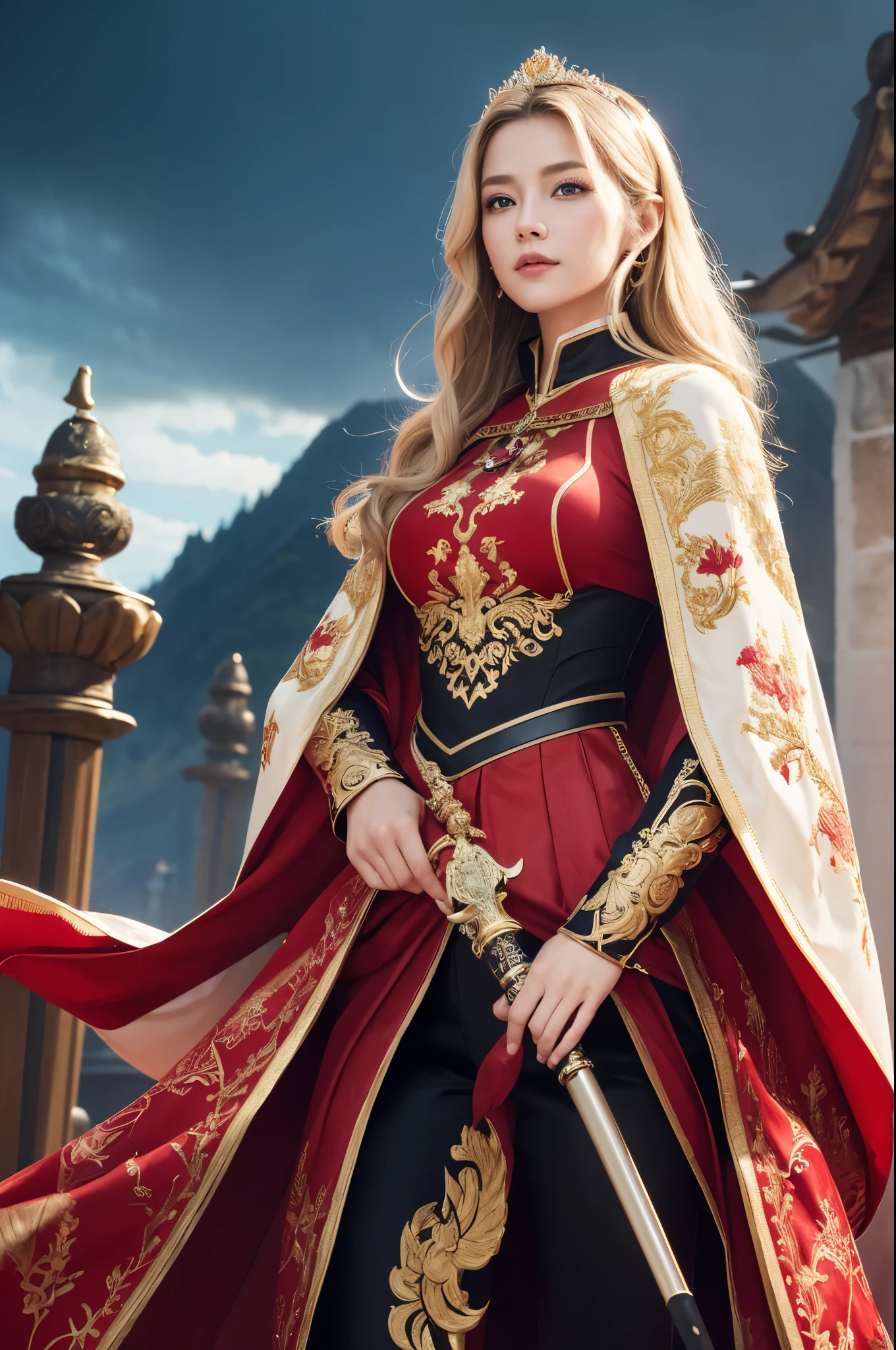 8K,Blonde princess in gorgeous red, white, Black and blue breastplate, Super Beauty(Like the real thing)Realistic Skin,美しいPrincess Night,blue eyes, Princess Night, ((美しい幻想的なPrincess Night)), Elegant , gorgeous princess paladin, 美しいPrincess Night,Ultra-high resolution,masterpiece,Surreal,Fantasy art,curator art,Cinestill 800,Captivating Gaze,Sexy,Close-up,Sexyな胸鎧,細くMuscularな身体,Battle Scenes,Action Scenes,Action pose,Equipped with a rapier on the waist,Royal coat of arms engraved on the breastplate,red and white luxurious cloak,Fight the enemy,Slender body,Muscular,gorgeous red and black pants(Gold embroidery),Small breasts,Childish appearance,Rugged appearance,身長が低いPrincess Night,Makeup,