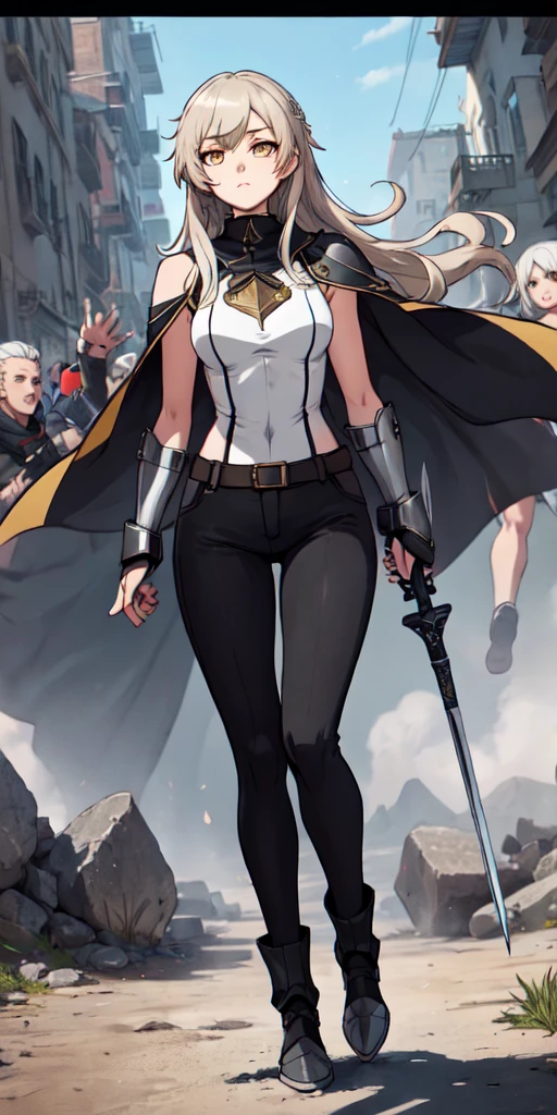  1girl, Wear armor, Sharp focus, offcial art, tall, athletic, silver hair, striking golden eyes, wears the standard Claymore uniform, a white sleeveless top, black pants, dark cloak, ((dajianTeresa)), full body