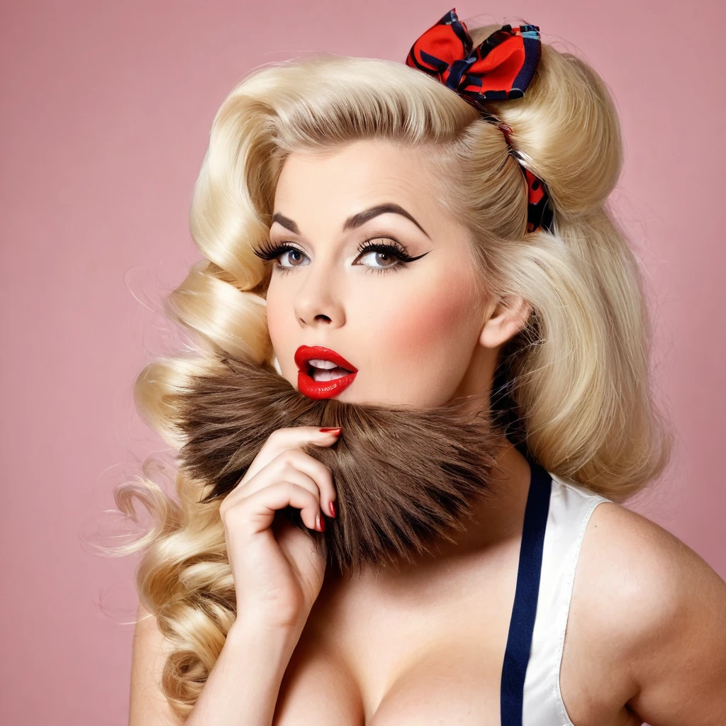pin up blonde woman, with a huge brown beard