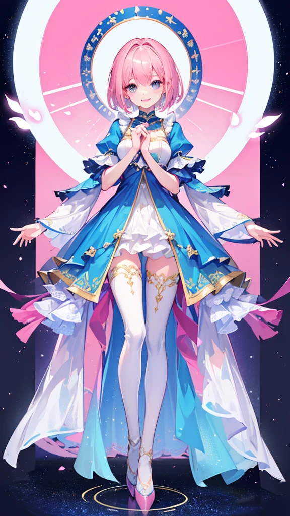 ((Highest quality))、((4K))、((Full Body Shot: 1.5))、((Pink short hair))、Big smile、Slim style、Beautiful long legs、Blue tight idol costume、((The background is blurred and I can&#39;t see anything))、(down view),Dynamic Angle,Ultra-detailed, illustration, Close-up, straight on, 1girll, (fantasy:1.4), (azureblueeyes:1.233),Her eyes shone like dreamy stars,(Glowing eyes:1.233),(Beautiful and detailed eyes:1.1),(Silver hair:1.14),(Messy hair,Very long hair,french braid,hair between eye,side locks), (+(bule hair flower:1.14)),(Chiffon dress,bule flower pattern in uniform)/=(army suit:1.24),(Detached sleeves,Wide sleeves),(Fingerless gloves),choker necklace,(miko thighhighs),high heels boots,(Expressionless,Closed mouth),(standing), (Classical princess boudoir with dressing table and floor-to-ceiling windows in a white ancient palace),(White flowers,full bloom),(abyssal),(Flowing water),(a dull blue world tree:1.14),(ruins),(Night:1.2),Dreamy,soul,(Fluorescence),(flying translucent blue butterflies:1.15), [[Delicate fingers and hands:0.55]::0.85],(Detail fingers),(yubao:0.5),