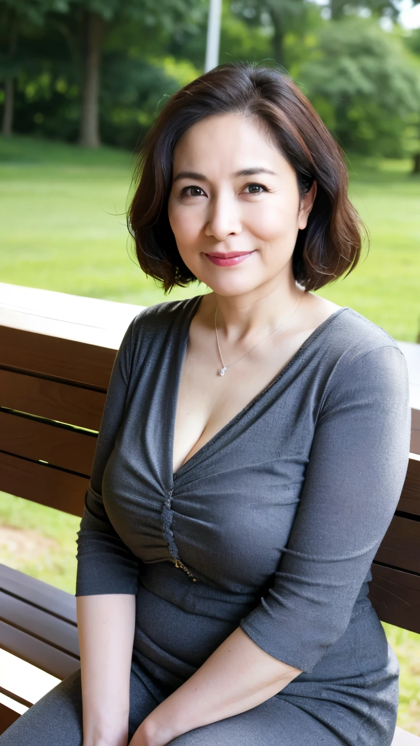 最high quality, In 8K, Masseter region, Genuine, Sharp focus, high quality, High resolution, Detailed face, fine grain, Thick lips, Background Blur, alone, Middle-aged women, , 65 years old, , Wavy Hair, Cleavage, Wearing a plain short-sleeved knit, sitting on a park bench, Wrinkles around the eyes, Smiling with teeth showing