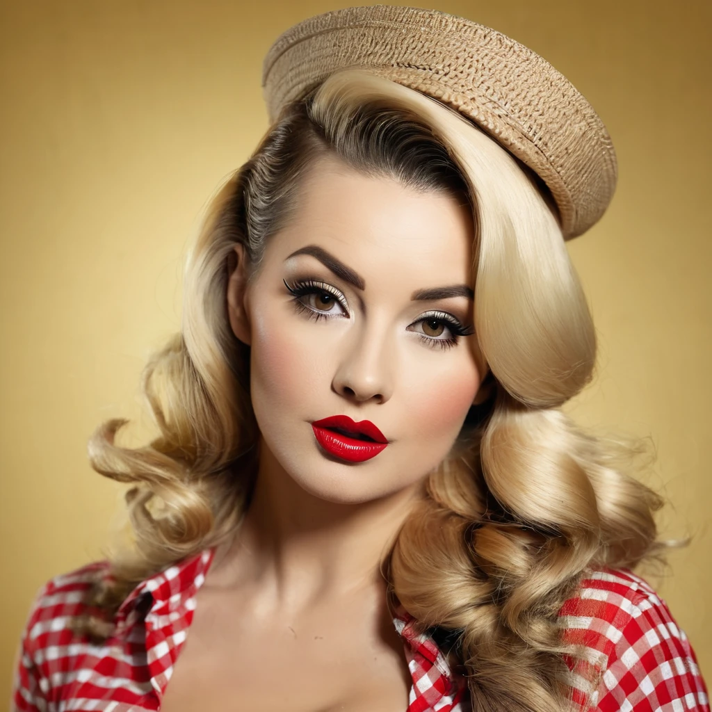 pin up blonde woman, with a huge brown beard