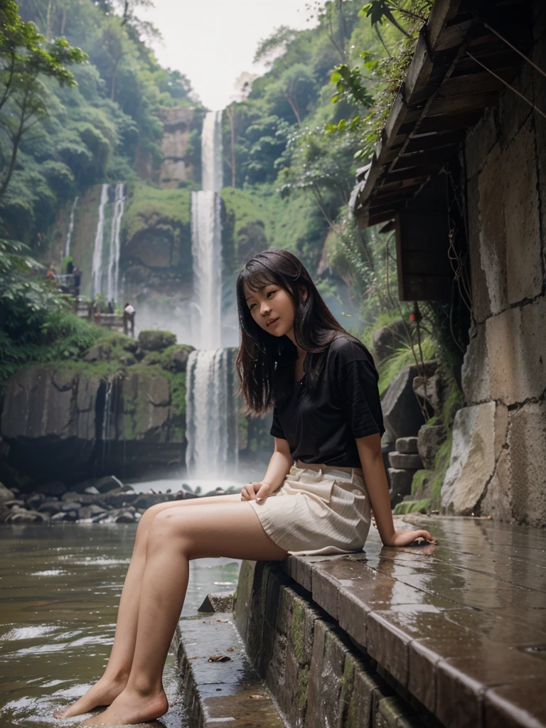a young Chinese lady, sitting next to a waterfall looking at the horizon.