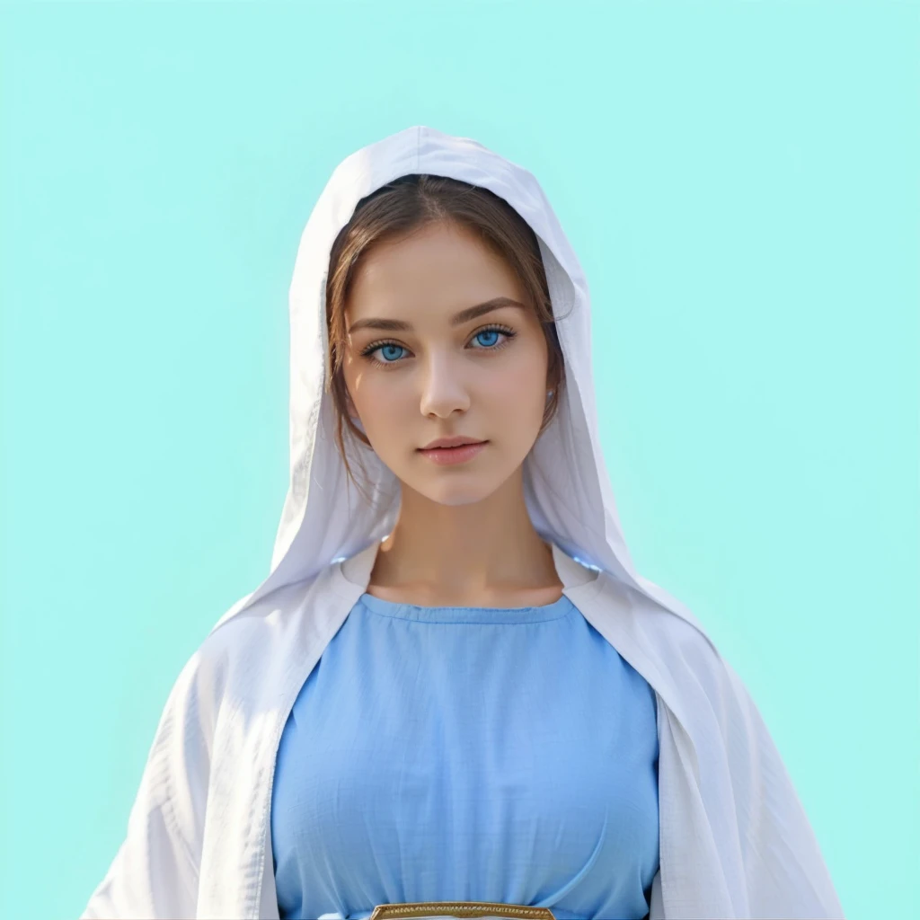 Beautiful woman with light blue eyes wearing blue tunic and white cloak