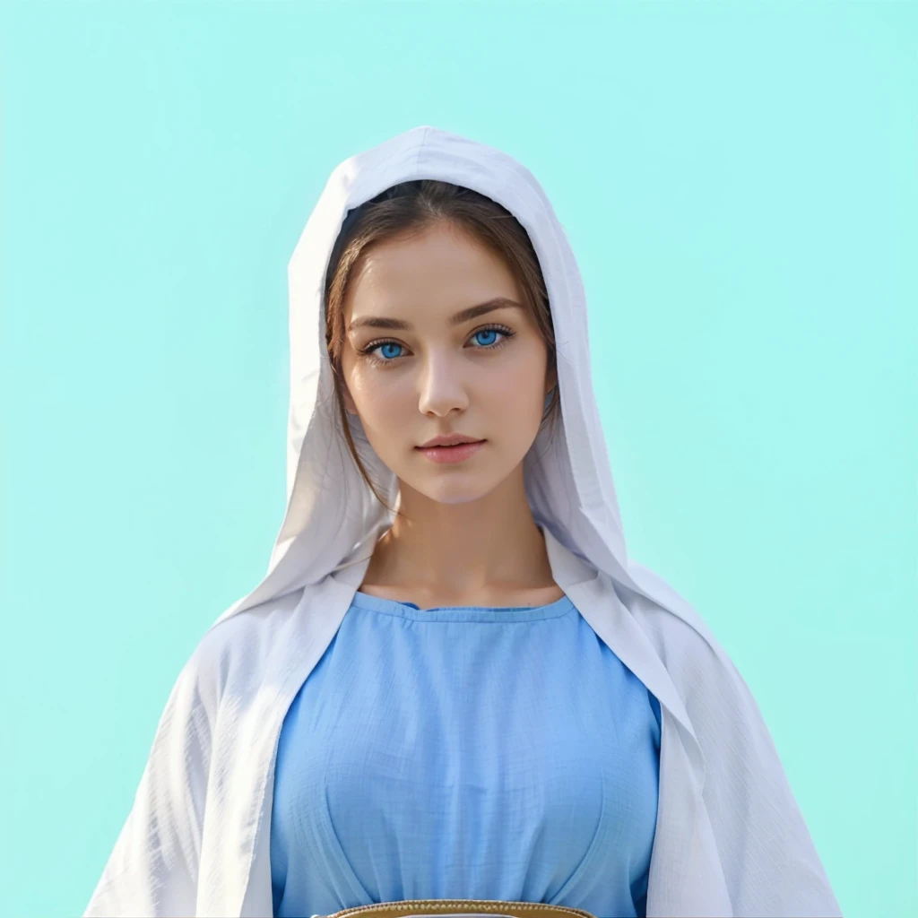 Beautiful woman with light blue eyes wearing blue tunic and white cloak