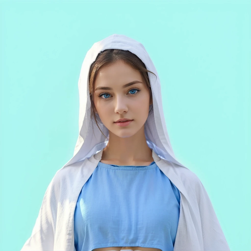 Beautiful woman with light blue eyes wearing blue tunic and white cloak