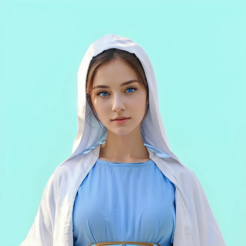 Beautiful woman with light blue eyes wearing blue tunic and white cloak