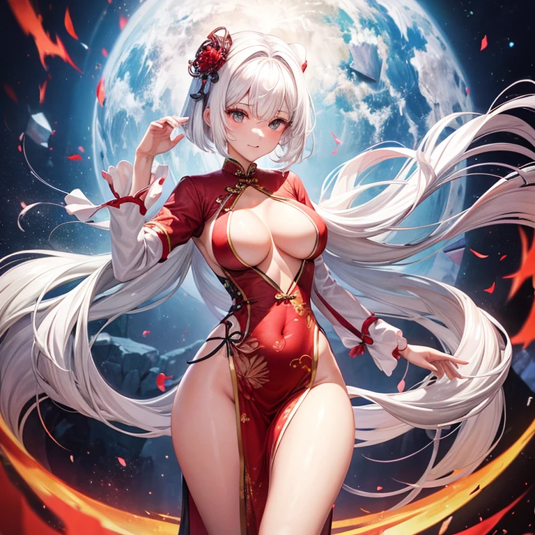 cheongsam.white hair..panoramic.Medium breasts.lower breast exposed.Southern Hemisphere.Full body entry..The underside of the breast is exposed.Clothes that do not cover breasts