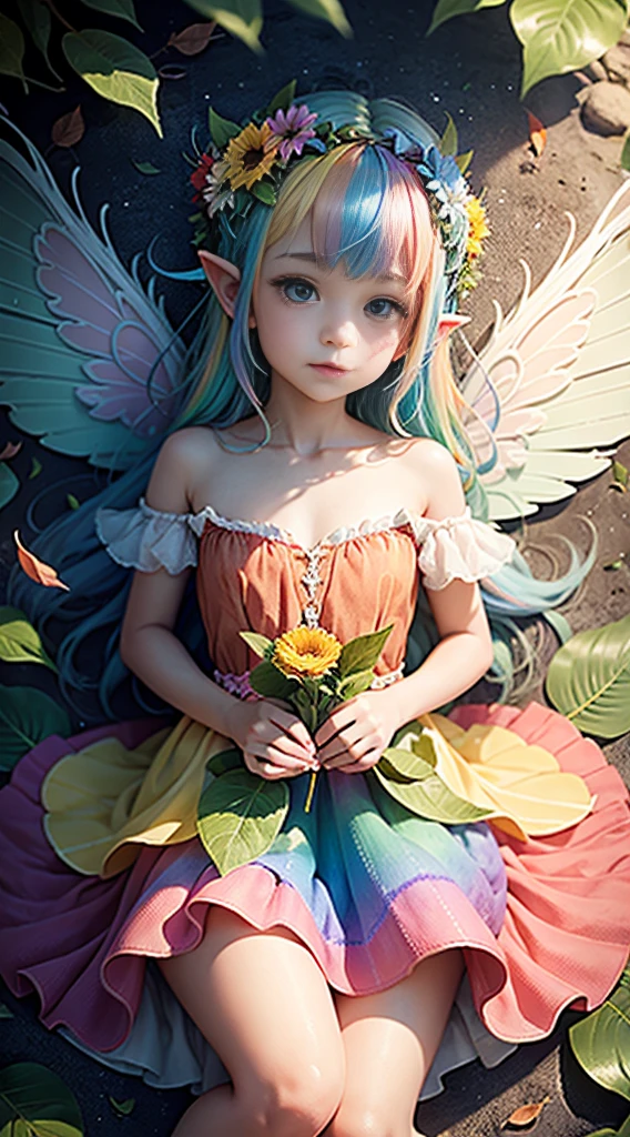 cute little fairy rainbow wings rainbow angel wings rainbow hair pointy ears flower crown dress made of leaves lots of flowers leaves sitting on a big leaf leaves big flower flower crown sunshine