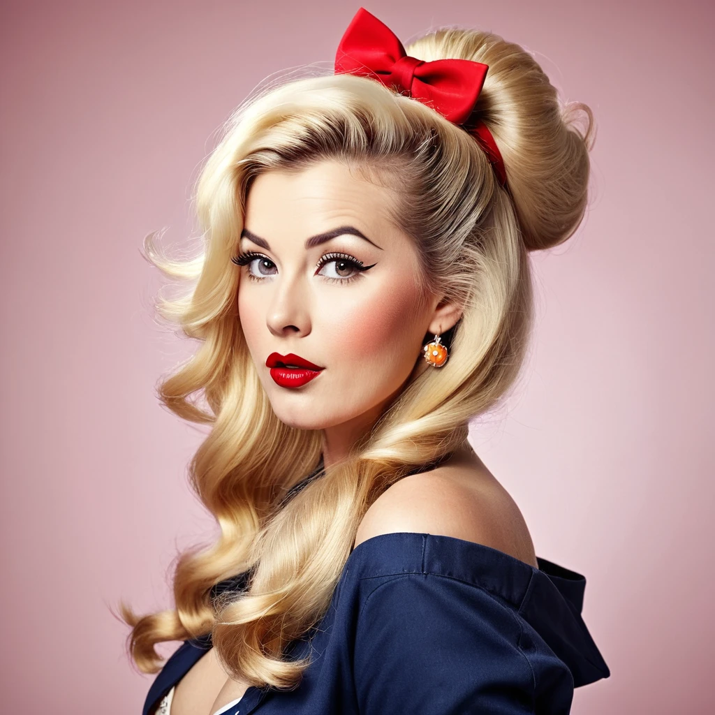 pin up blonde woman, with a huge brown beard