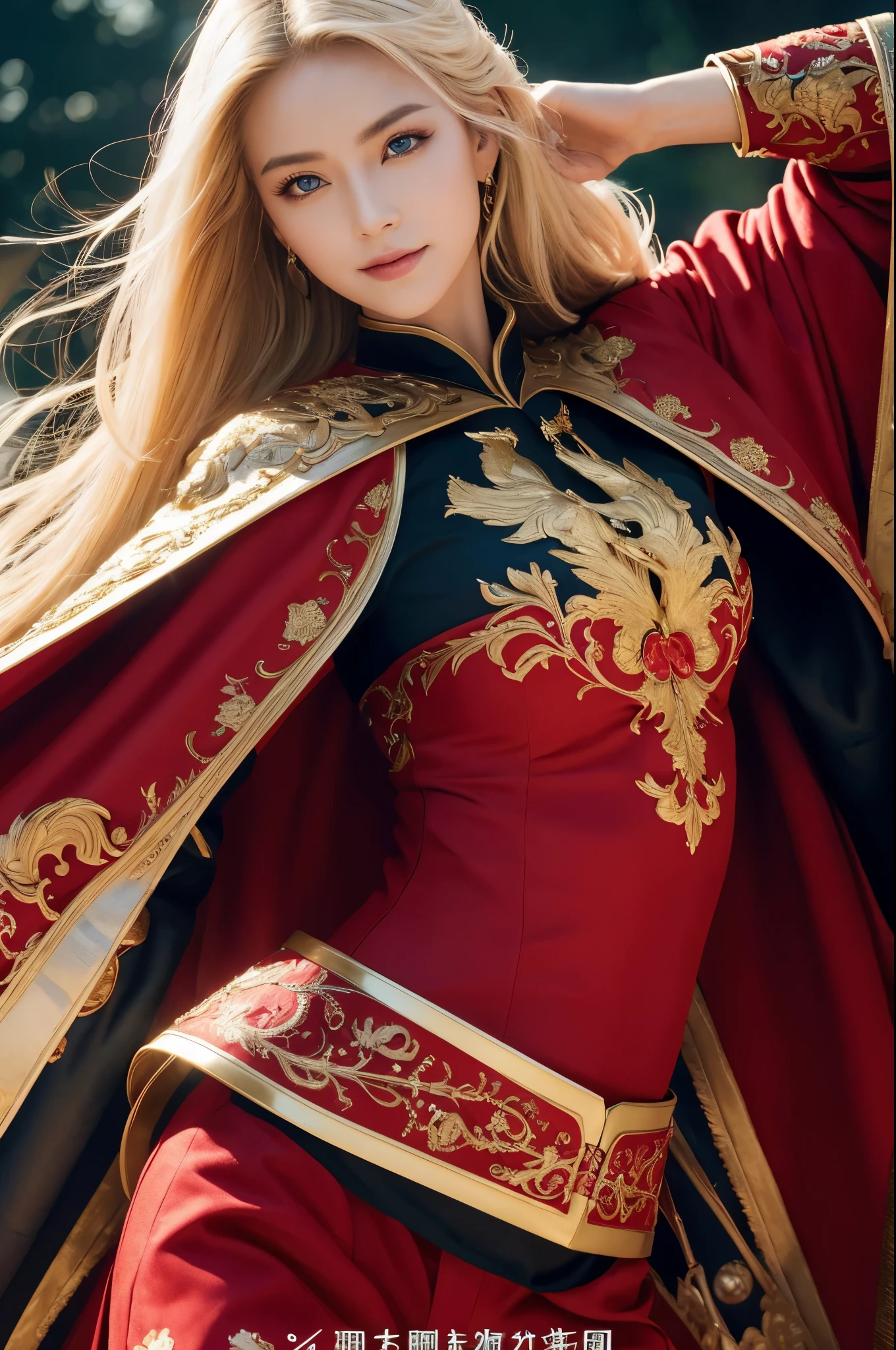 8K,Blonde princess in gorgeous red, white, Black and blue breastplate, Super Beauty(Like the real thing)Realistic Skin,美しいPrincess Night,blue eyes, Princess Night, ((美しい幻想的なPrincess Night)), Elegant , gorgeous princess paladin, 美しいPrincess Night,Ultra-high resolution,masterpiece,Surreal,Fantasy art,curator art,Cinestill 800,Captivating Gaze,Sexy,Close-up,Sexyな胸鎧,細くMuscularな身体,Battle Scenes,Action Scenes,Action pose,Equipped with a rapier on the waist,Royal coat of arms engraved on the breastplate,red and white luxurious cloak,Fight the enemy,Slender body,Muscular,gorgeous red and black pants(Gold embroidery),Small breasts,Childish appearance,Rugged appearance,身長が低いPrincess Night,Makeup,Big smile,