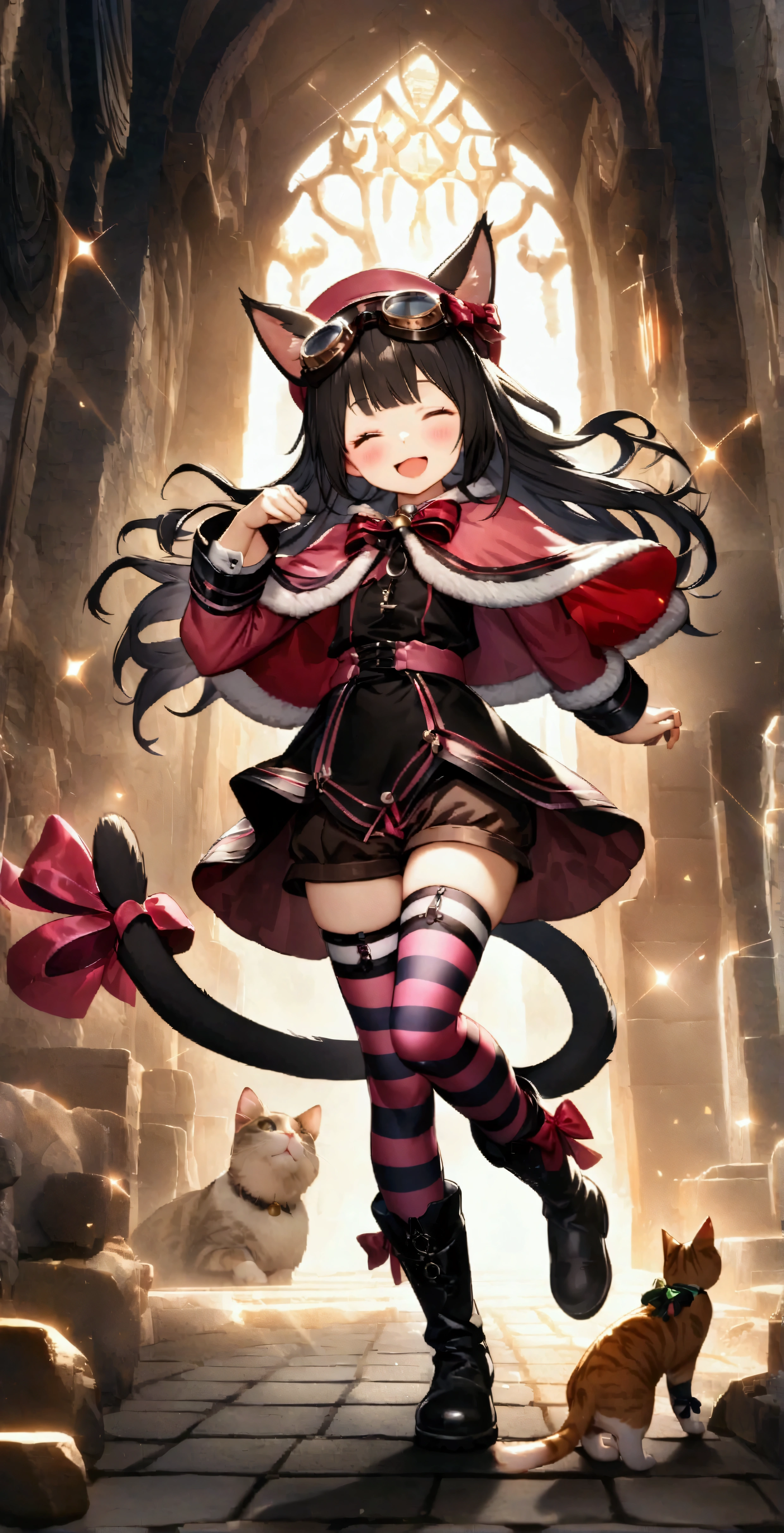 ((32k)), ((best quality)), ((ultra high res)), ((HDR)), ((UHD)), ((extremely detailed CG)), ((unity 32k wallpaper)), 1girl, solo, long hair, blush, smile, open mouth, skirt, black hair, thighhighs, long sleeves, hat, bow, ribbon, holding, animal ears, standing, tail, full body, closed eyes, boots, one eye closed, shorts, striped, cat ears, zettai ryouiki, coat, cat tail, sparkle, bell, capelet, cat, standing on one leg, cat girl, pink bow, goggles, striped thighhighs, tail ornament, key, ears through headwear, tail ribbon, tail bow, goggles on headwear,