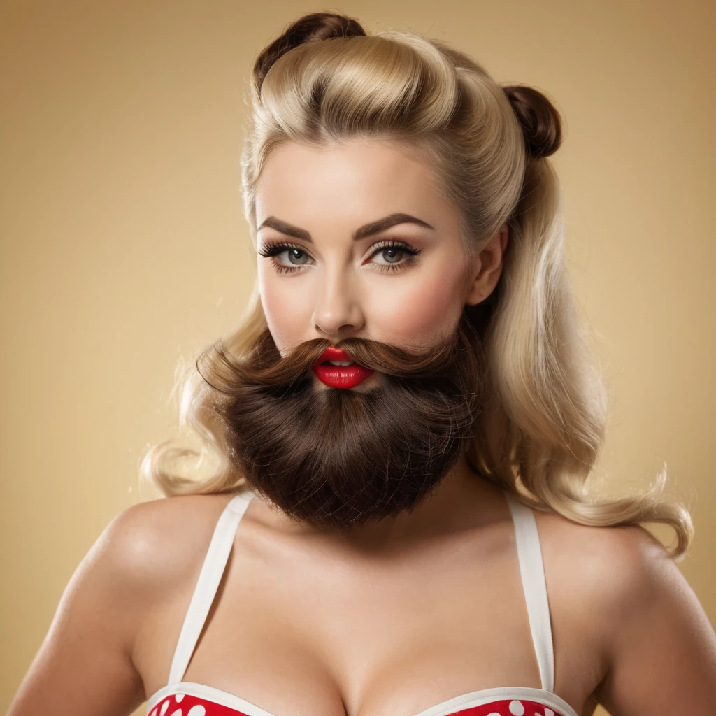 pin up blonde woman, with a huge brown beard