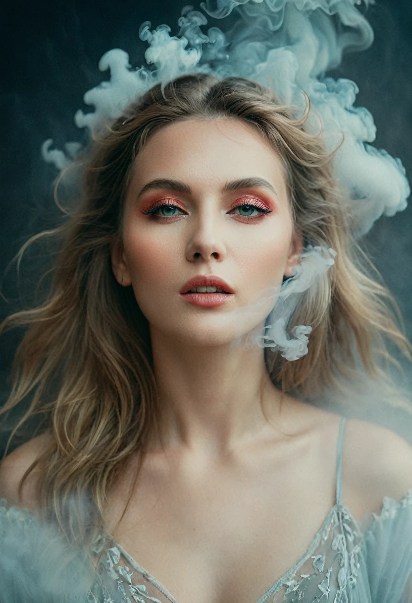 "memories are the water of life" (Misterious mood Soft Lighting Photography), stunning medium format analog photo, TWbabeXL01 beautiful (woman), A beautiful ((evil slavic woman)), pale skin, long dark blond hair, portrait of a woman covered in cloud of smoke, whirlwind, coral highlight colors, coral make-up, hints of pastel, misty, seductive, sultry, breathtaking, oil painting style, artistic, aesthetic modern art, hyper-realism, OverallDetailXL