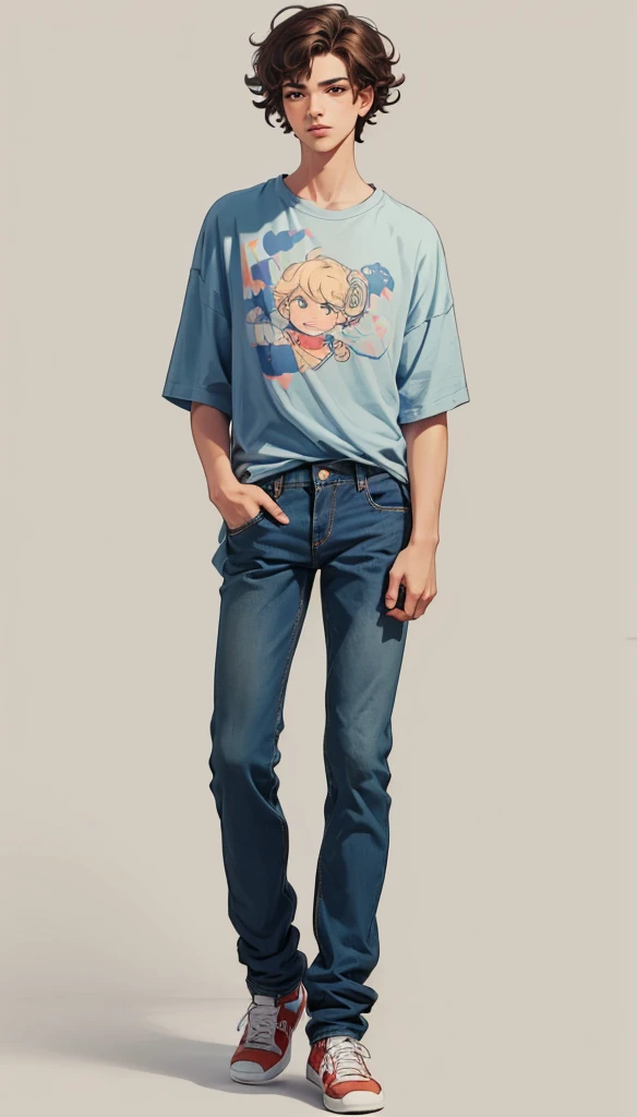 solo, full body, Brazilian 1boy , wavy hair, wearing jeans and t-shirt with a shirt