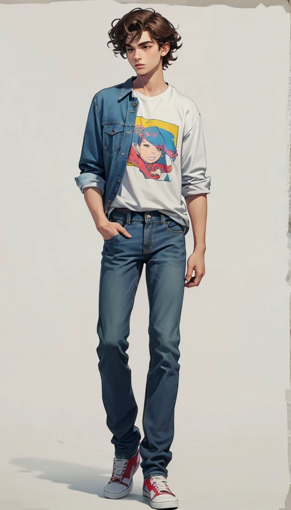 solo, full body, Brazilian 1boy 16 years old, wavy hair, wearing jeans and t-shirt with a shirt