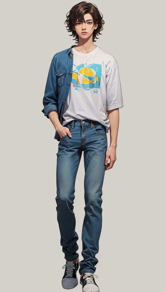 solo, full body, Brazilian 1boy , wavy hair, wearing jeans and t-shirt with a shirt