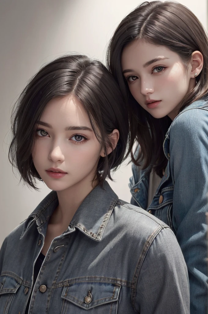 8K Ultra HD、RAWphotograph、モデルphotograph撮影、 European Fashion、(masterpiece、Highest quality、Realistic、High resolution、photograph:1.3)、close、focus on、Hot Model、slim、30 year old mature woman、Small face、No makeup、short hair、Beautiful dark brown Hayne eyes、Genuineスキン、(Perfect body)、Sexy hot face、sexual sight、slim、shirt、Denim Jacket、Long sleeve、Beautiful eyes in every detail、Glossy lips、((Bright light、Dynamic Lighting、Genuine、超Genuine、 realism、Genuineなディテール、Cool Beauty、Cool pose、Background gray、Plain gray background