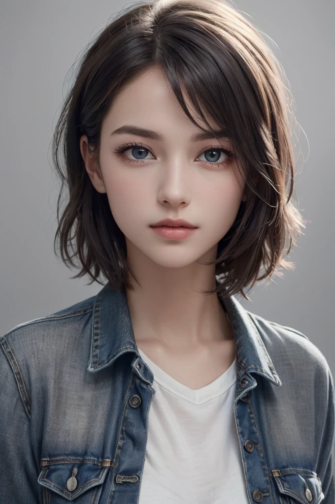 8K Ultra HD、RAWphotograph、モデルphotograph撮影、 European Fashion、(masterpiece、Highest quality、Realistic、High resolution、photograph:1.3)、close、focus on、Hot Model、slim、30 year old mature woman、Small face、No makeup、short hair、Beautiful dark brown Hayne eyes、Genuineスキン、(Perfect body)、Sexy hot face、sexual sight、slim、shirt、Denim Jacket、Long sleeve、Beautiful eyes in every detail、Glossy lips、((Bright light、Dynamic Lighting、Genuine、超Genuine、 realism、Genuineなディテール、Cool Beauty、Cool pose、Background gray、Plain gray background
