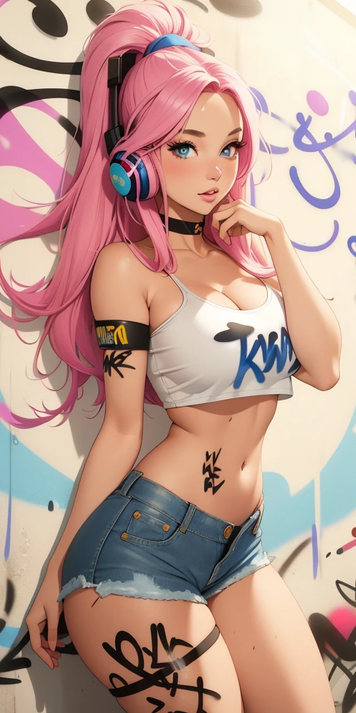 estilo anime, mujer grafitera, grafiti en la pared, desnuda contra la pared, gorra de lado, colores vivos, buena figura, buenas curvas, tatuajes maxima calidad, ultra detallado, ultra detailed 8k image, sharp image, cuerpo entero