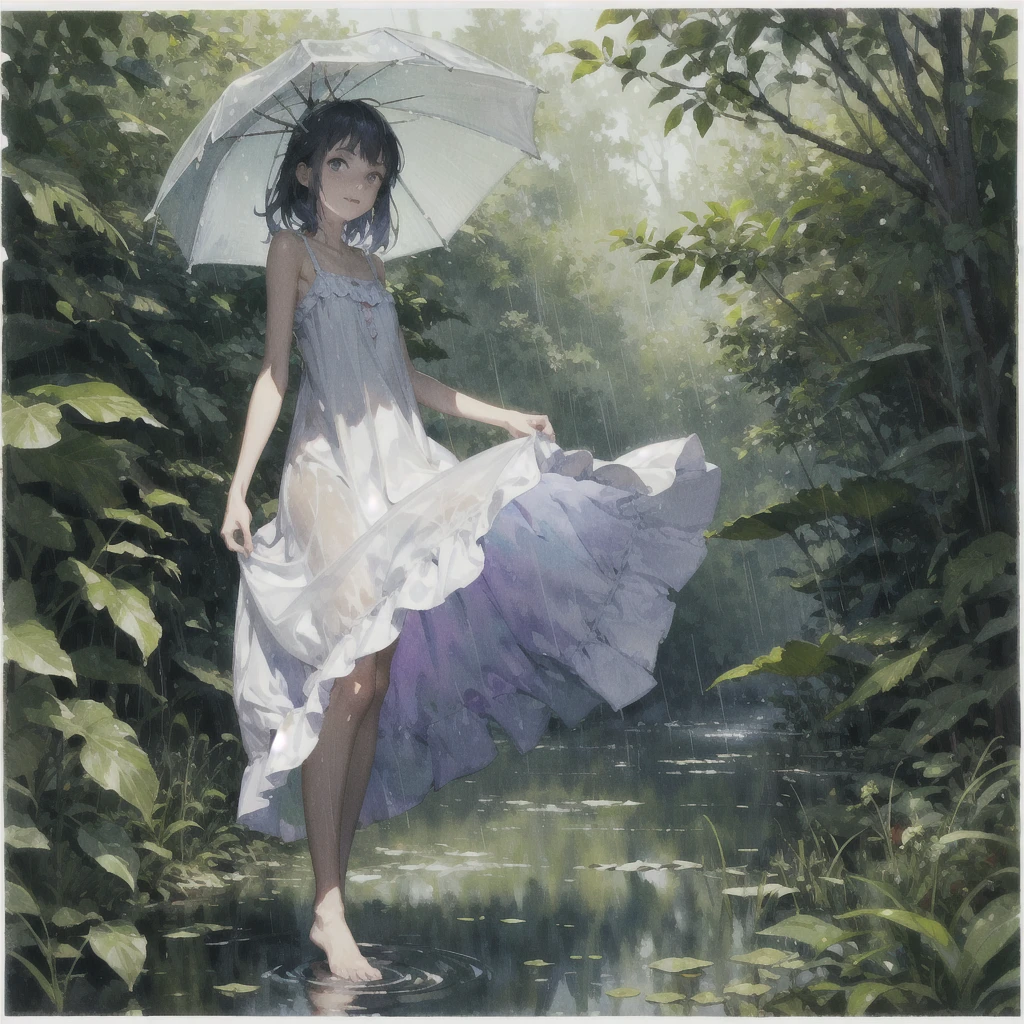 a thin girl with a very beautiful exquisite face barefoot in a light summer sundress in the rain in the summer forest, purple thunderstorm, in watercolor style
