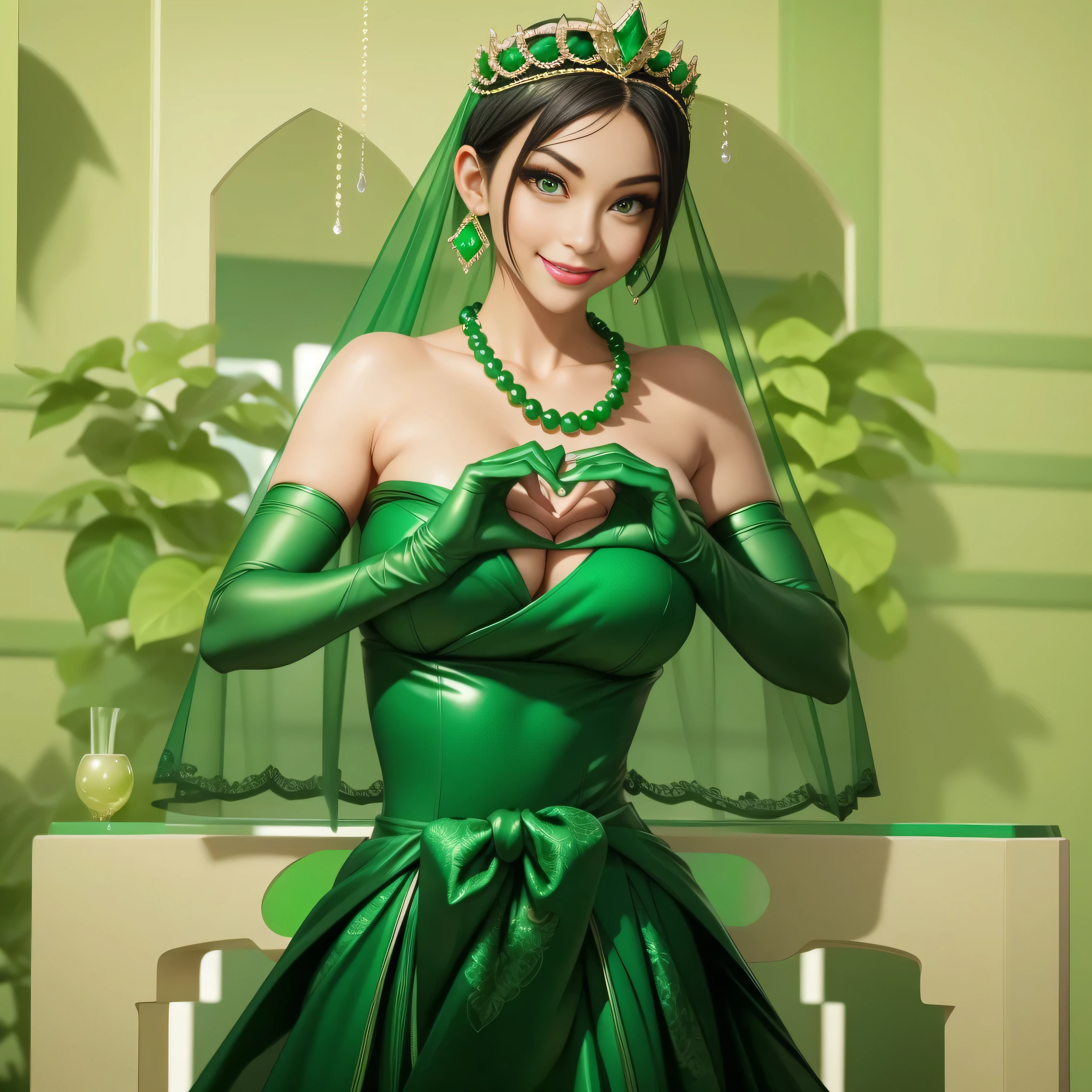 Emerald tiara, Green Pearl Necklace, Boyish, super short black hair, lipstick, Smiling Japanese woman, Very short hair, Big tits beautiful, Green Eyes, Long green satin gloves, Green Eyes, Emerald Earrings, Green Veil, Heart with both hands