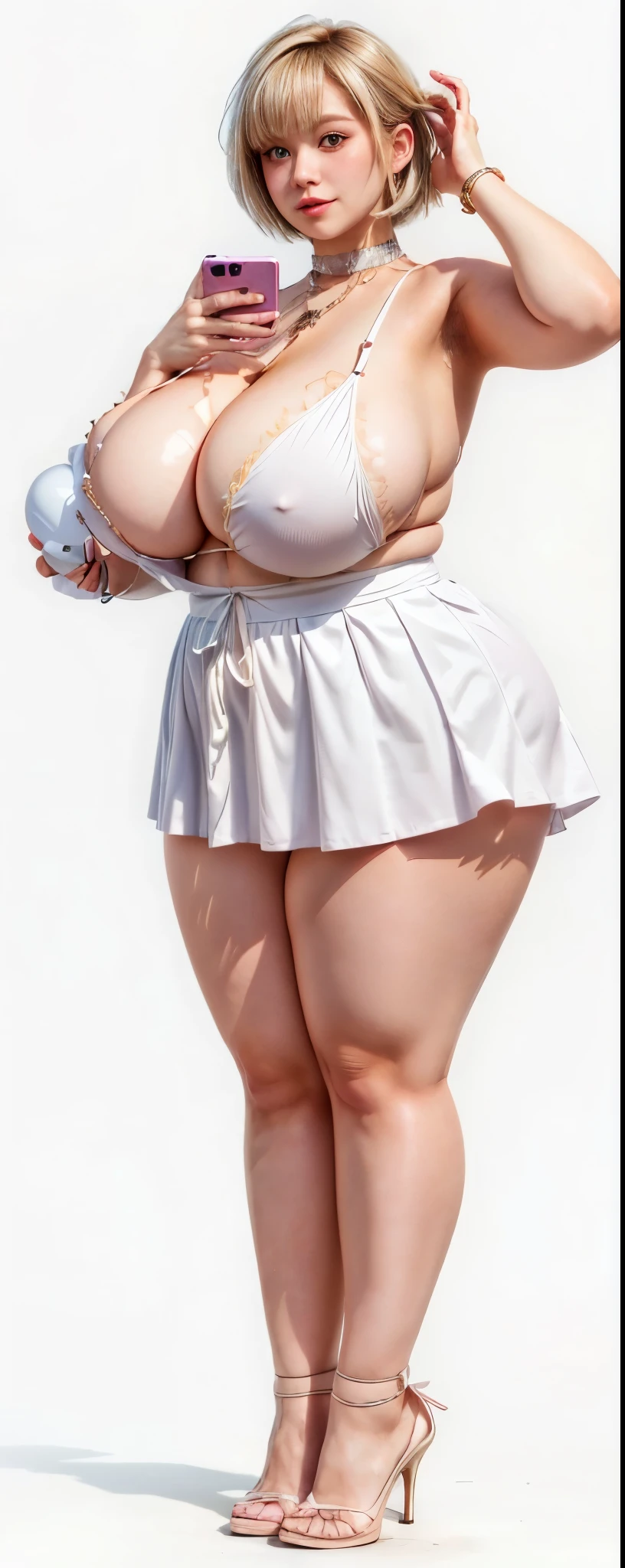 a woman in a skirt and top with a cell phone, , full body portrait of a short!, in dress, cel shaded!!!, she has a jiggly fat round belly, white skirt and barechest, clean cel shaded, heavy shading, thicc, extra detailed body, bottom body close up, cell shaded adult animation
