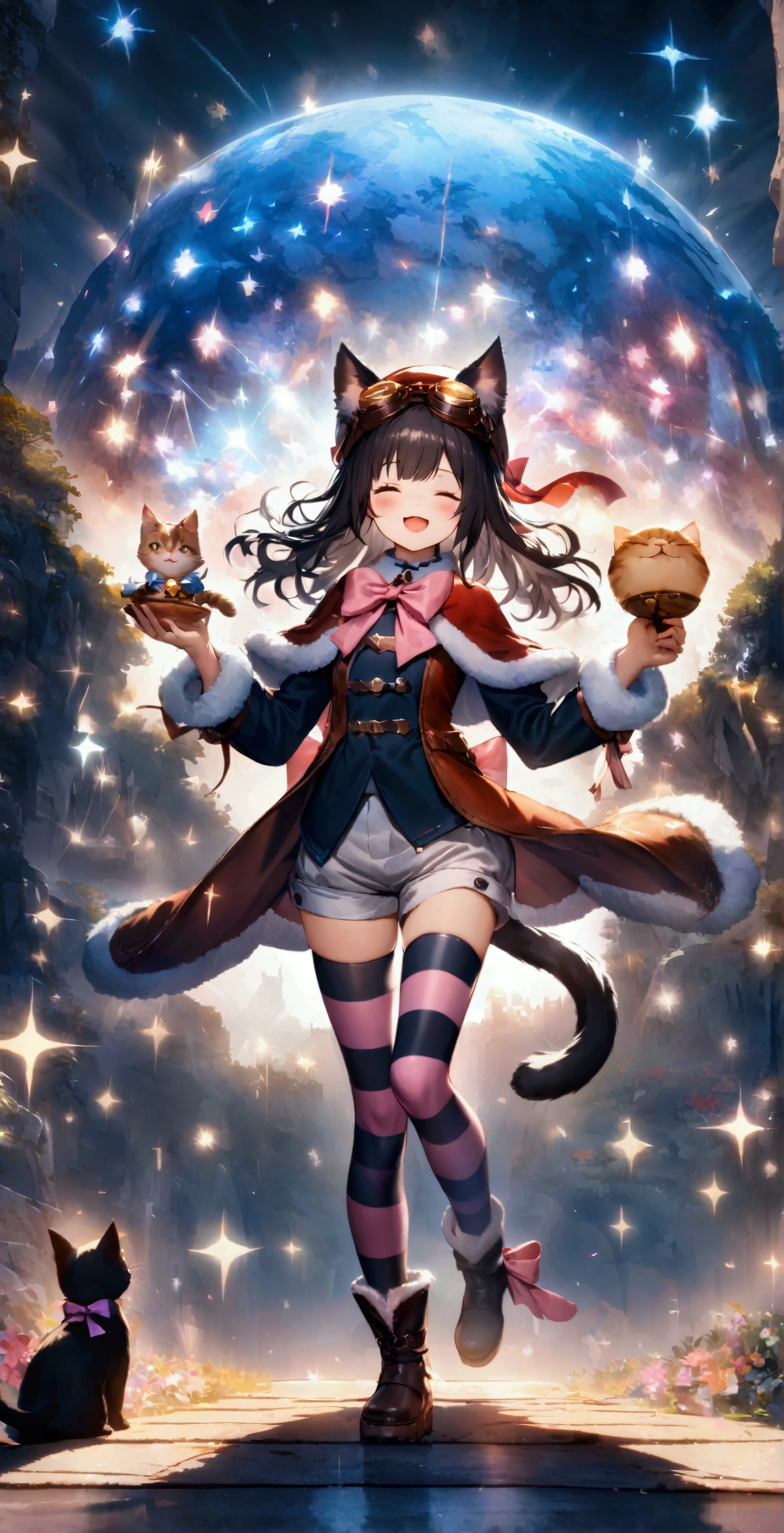((32k)), ((best quality)), ((ultra high res)), ((HDR)), ((UHD)), ((extremely detailed CG)), ((unity 32k wallpaper)), 1girl, solo, long hair, blush, smile, open mouth, skirt, black hair, thighhighs, long sleeves, hat, bow, ribbon, holding, animal ears, standing, tail, full body, closed eyes, boots, one eye closed, shorts, striped, cat ears, zettai ryouiki, coat, cat tail, sparkle, bell, capelet, cat, standing on one leg, cat girl, pink bow, goggles, striped thighhighs, tail ornament, key, ears through headwear, tail ribbon, tail bow, goggles on headwear,