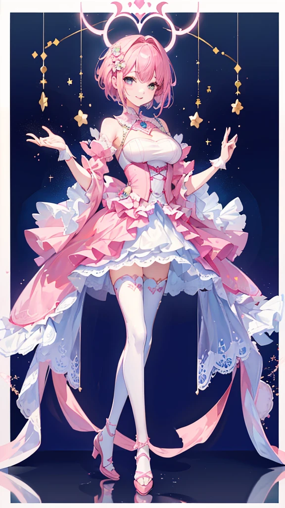 ((Highest quality))、((4K))、((Full Body Shot: 1.5))、((Pink short hair))、Big smile、Slim style、Beautiful long legs、Blue tight idol costume、((The background is blurred and I can&#39;t see anything))、(down view),Dynamic Angle,Ultra-detailed, illustration, Close-up, straight on, 1girll, (fantasy:1.4), (azureblueeyes:1.233),Her eyes shone like dreamy stars,(Glowing eyes:1.233),(Beautiful and detailed eyes:1.1),(Silver hair:1.14),(Messy hair,Very long hair,french braid,hair between eye,side locks), (+(bule hair flower:1.14)),(Chiffon dress,bule flower pattern in uniform)/=(army suit:1.24),(Detached sleeves,Wide sleeves),(Fingerless gloves),choker necklace,(miko thighhighs),high heels boots,(Expressionless,Closed mouth),(standing), (Classical princess boudoir with dressing table and floor-to-ceiling windows in a white ancient palace),(White flowers,full bloom),(abyssal),(Flowing water),(a dull blue world tree:1.14),(ruins),(Night:1.2),Dreamy,soul,(Fluorescence),(flying translucent blue butterflies:1.15), [[Delicate fingers and hands:0.55]::0.85],(Detail fingers),(yubao:0.5),