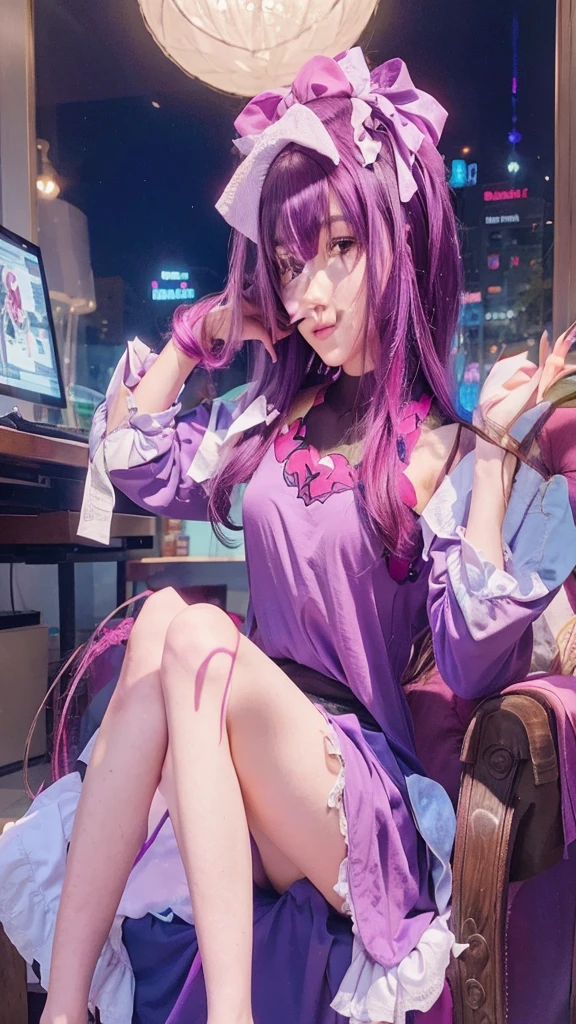 1 girl, sitting, purple clothes, PURPLE HAIR, beautiful, perfect and beautiful face