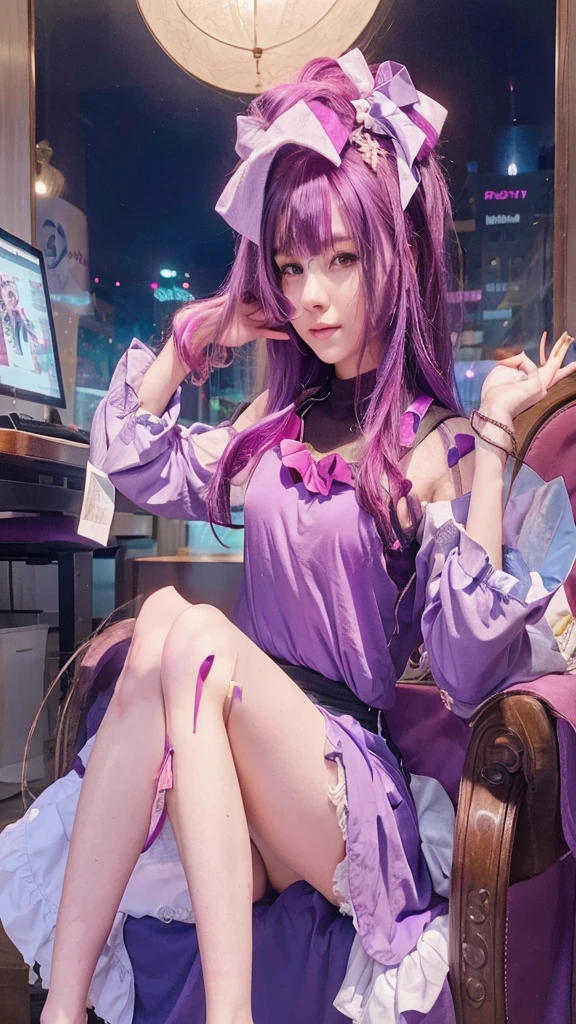 1 girl, sitting, purple clothes, PURPLE HAIR, beautiful, perfect and beautiful face