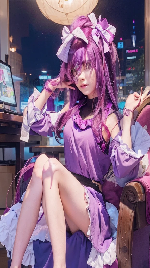 1 girl, sitting, purple clothes, PURPLE HAIR, beautiful, perfect and beautiful face