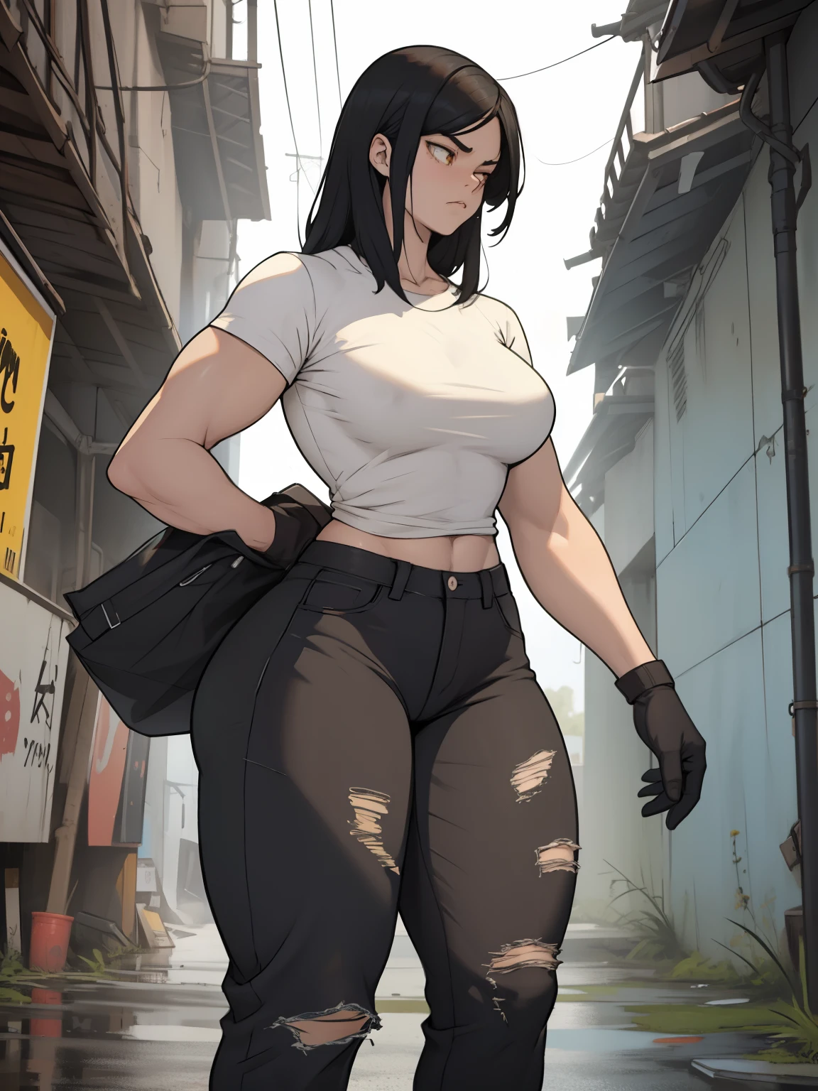 sad girl pale girl angry girl slender girl thick thick thick muscular huge muscles breasts wide hips tiny waist black hair yellow eyes tight shirt and pants thin waist curvy 