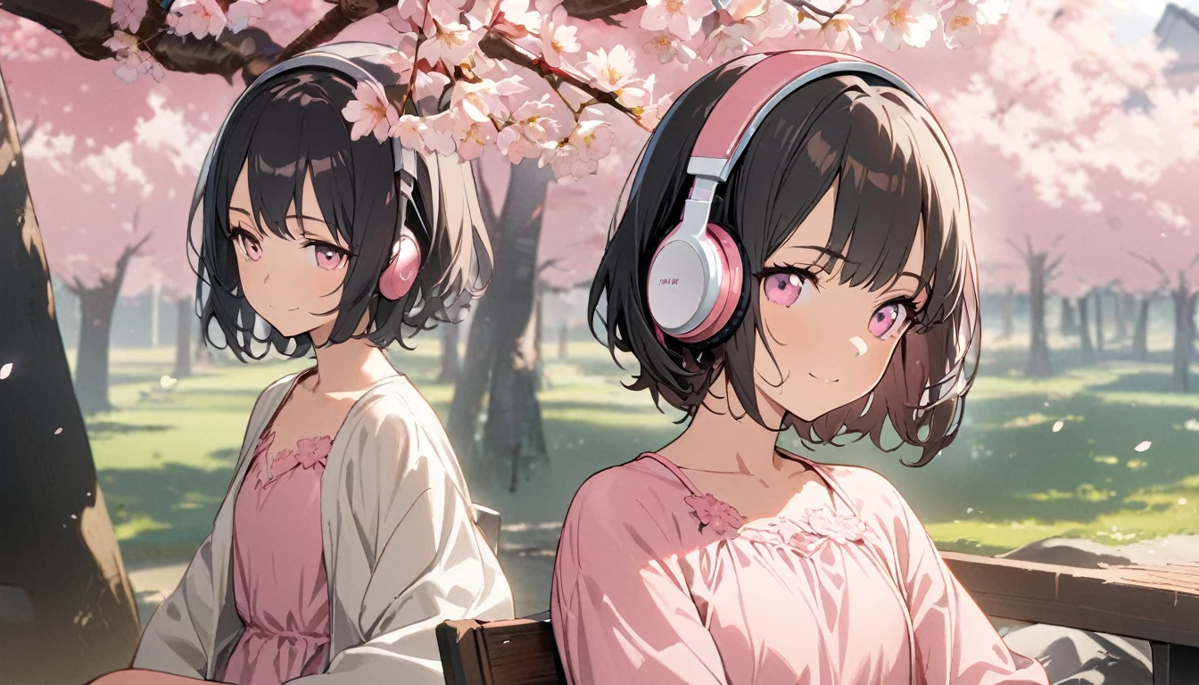 1girl, solo, gentle smile on her face flat chest, short hair, black hair,with pink eyes (detailed pink eyes) upper body, ((masterpiece, illustration, best quality)) ((best quality)), ((masterpiece)), (detailed), perfect face, sitting under the cherry blossom tree, listening to music, One woman, wearing headphones, wearing a white and pink dress