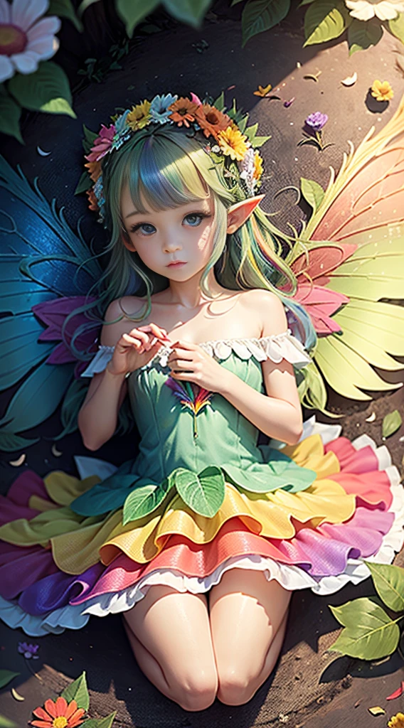 cute fairy rainbow wings rainbow angel wings rainbow hair pointy ears flower crown dress made of leaves lots of flowers leaves sitting on a big leaf leaves big flower flower crown sunshine
