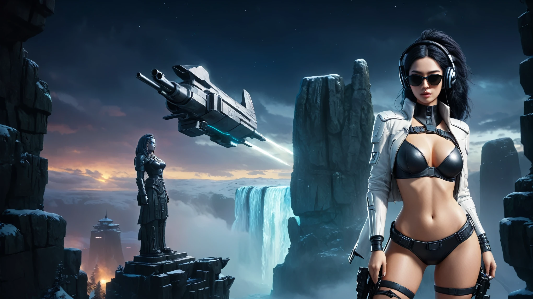 At night, dark sky, distant shot aerial view of fantasy cyberpunk style ice ((Moai-statue)) city in forest, giant waterfall, ((flying vehicle)). ((1girl, solo, alone)), medium-breast:1.1 slim body, cleavage, sexy clothes, (headphone, black sunglasses, long black realistic hair), (((hip-up standing and holding pistol))), half-body thigh level medium shot, cinematic lighting.