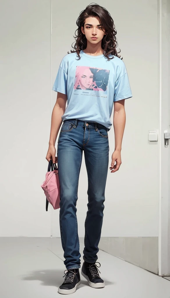 solo, full body, Brazilian 1boy , wavy hair, wearing jeans and t-shirt with a shirt